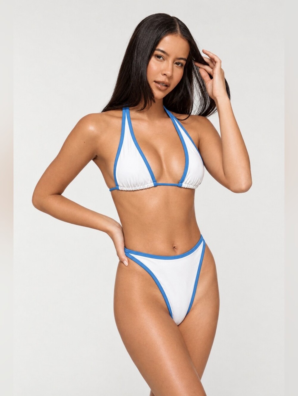 So So Swim Women L White & Blue Triangle Bikini Set Discontinues Color NWT*